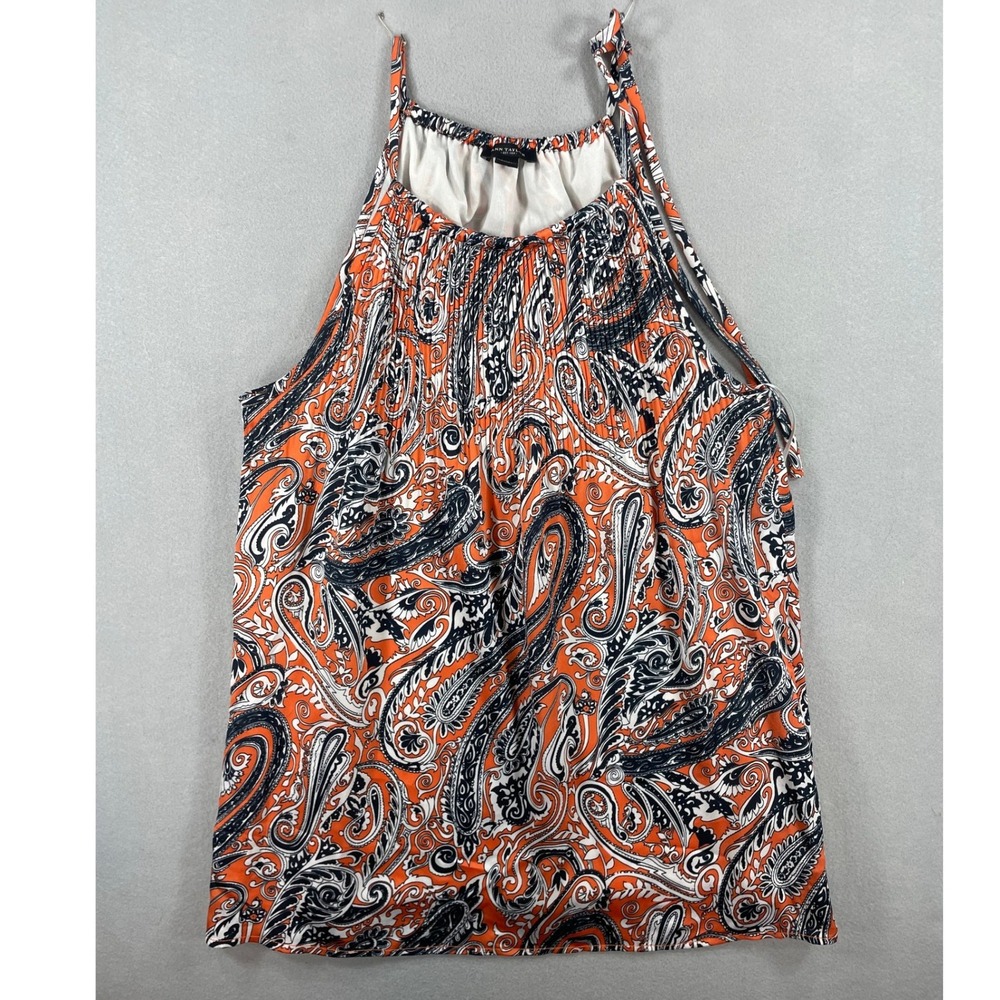 Ann Taylor Womens Tank Top Halter Paisley Orange Navy Pleated Chiffon S
